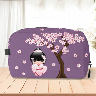 White Kimono Kokeshi Doll Cute Geisha Girl Purple Dopp Kit
