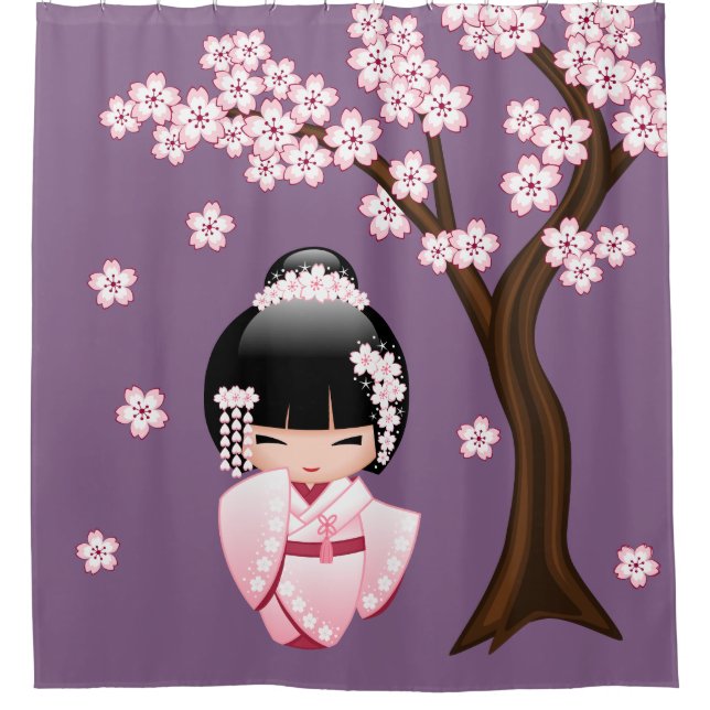 White Kimono Kokeshi Doll Cute Geisha Girl Purple Shower Curtain (Front)