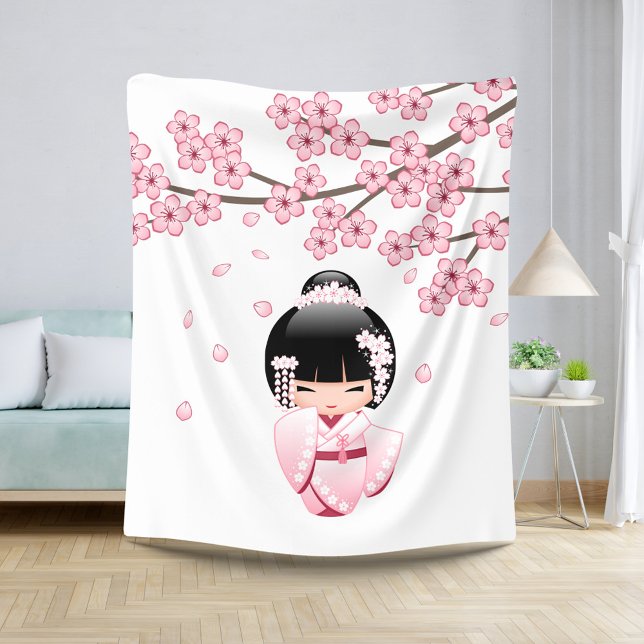 White Kimono Kokeshi Doll - Cute Geisha Girl Sherpa Blanket (Creator Uploaded)