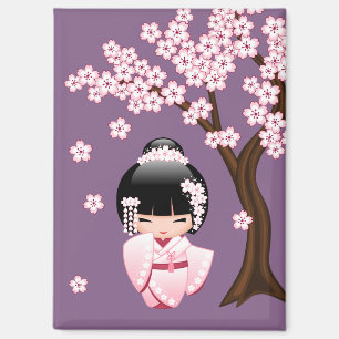White Kimono Kokeshi Doll - Cute Geisha Purple Magnet