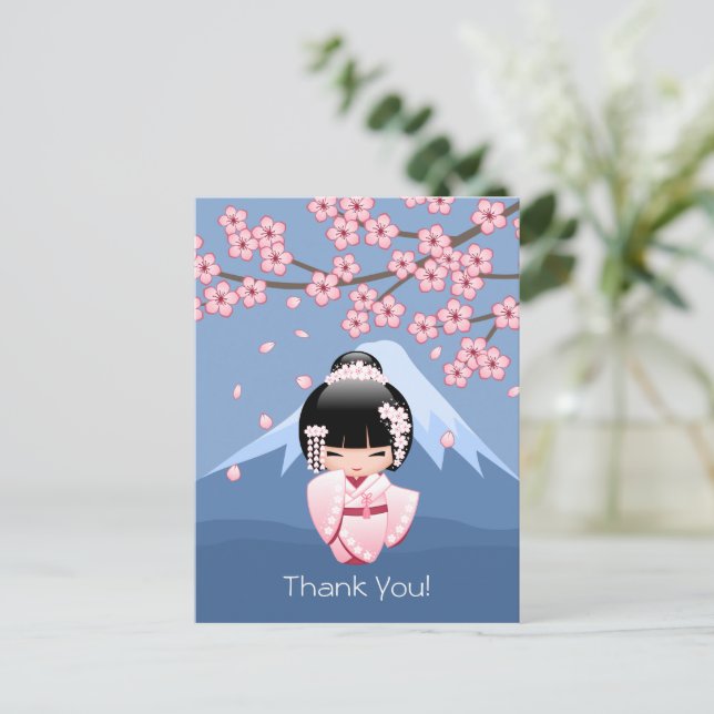 White Kimono Kokeshi Doll - Cute Geisha Thank You Postcard (Standing Front)