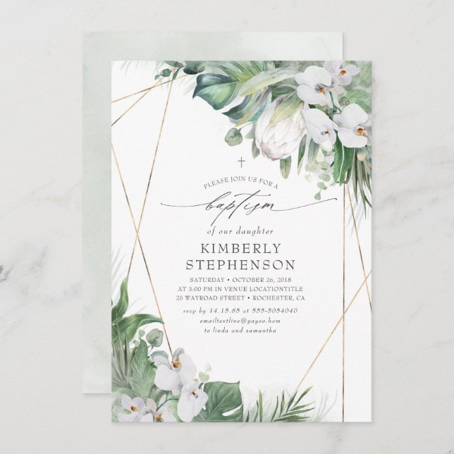 White King Protea and Orchids Tropical Baptism Invitation (Front/Back)
