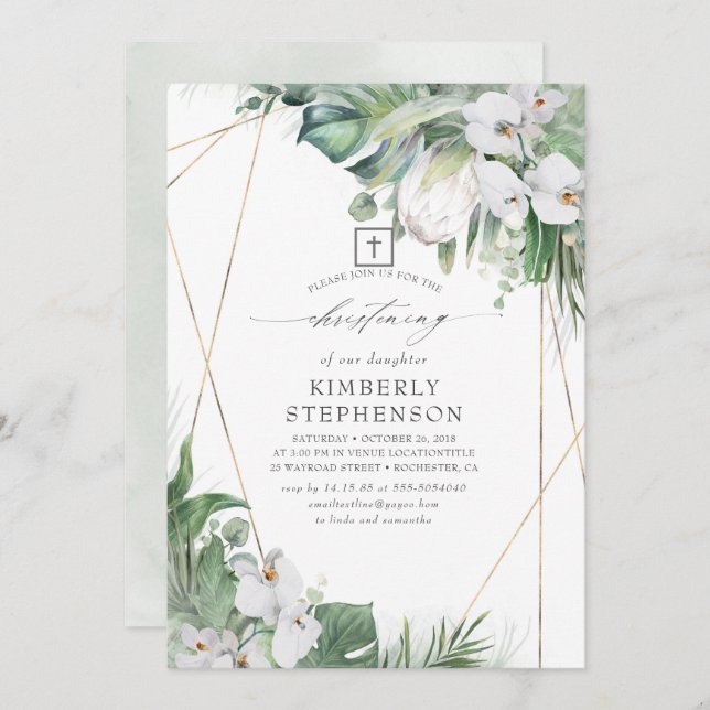 White King Protea and Orchids Tropical Christening Invitation (Front/Back)