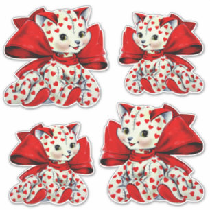 White kitte Cat With hearts Vintage Valentines Art