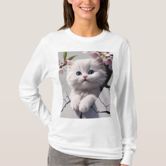 White Kitten Among Cherry Blossoms T-Shirt
