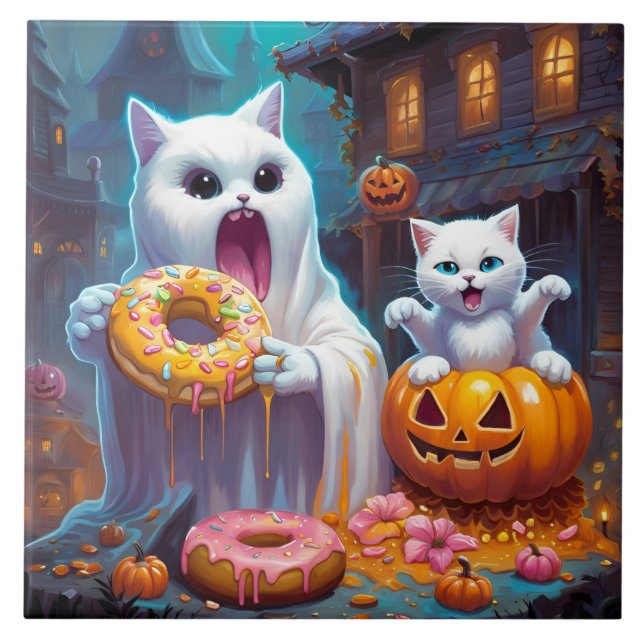 White Kitten and Ghost eat Halloween Doughnuts Tile (Front)