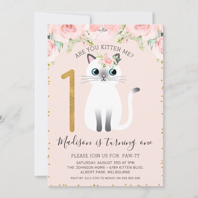 White Kitten Are You Kitten Me 1st Birthday Invitation (Front)