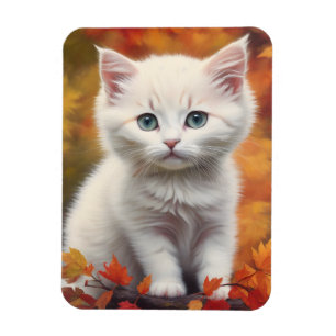 White Kitten Autumn Leaves Portrait Magnet