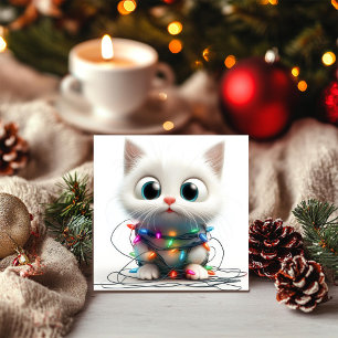 White Kitten Holiday Magic and Lights Holiday Card