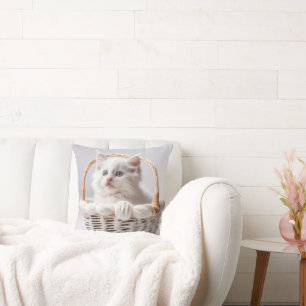 White Kitten In a Basket Cushion