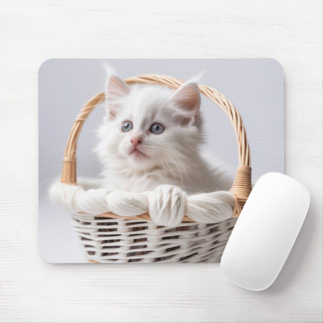 White Kitten In a Basket Mouse Pad (With Mouse)