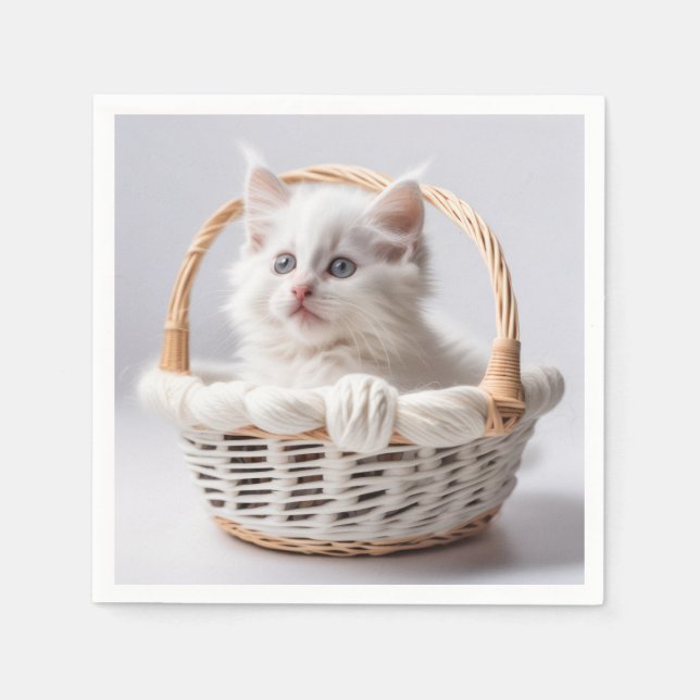 White Kitten In a Basket Napkin (Front)