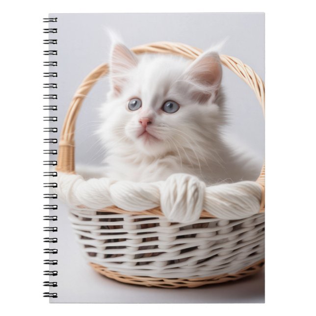 White Kitten In a Basket Notebook (Front)