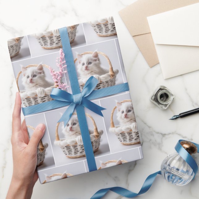 White Kitten In A Wicker Basket Wrapping Paper (Gifting)