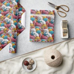 White Kitten In Colourful Yarn Balls Wrapping Paper