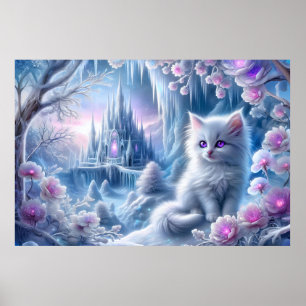 White Kitten in Fantasy Ice Kingdom  Poster
