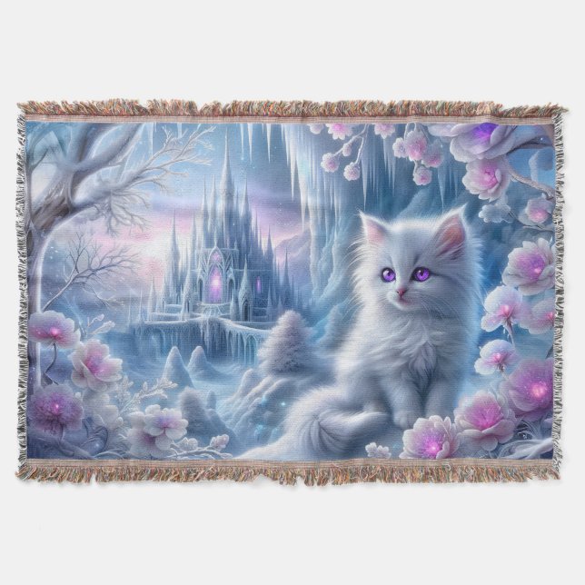 White Kitten in Fantasy Ice Kingdom  Throw Blanket (Front)