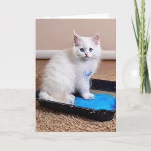 White Kitten In Paint Tray for Birthday Card