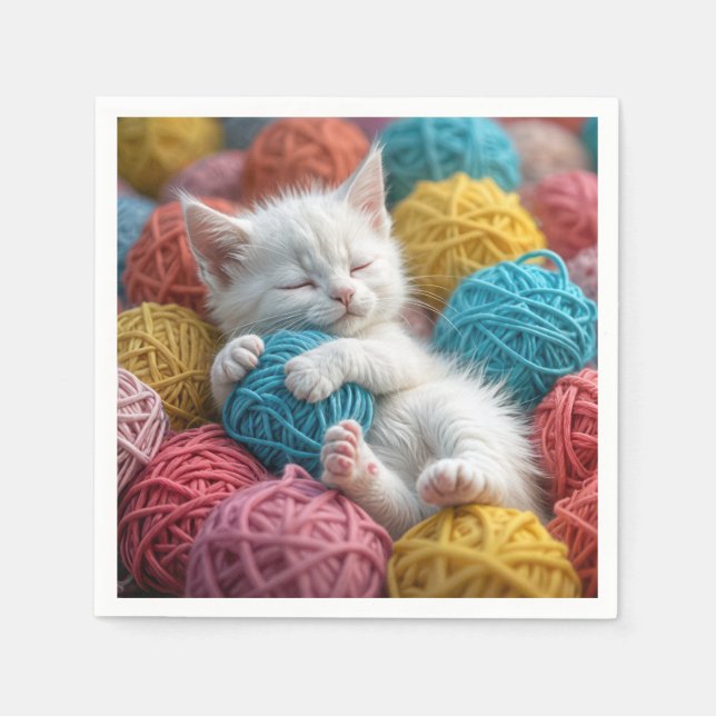 White Kitten In Yarn Balls Napkin (Front)