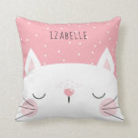 White Kitten - Nursery Decor - Name Cushion<br><div class="desc">Pink and white throw pillow for the nursery with a white cat with a pink nose and cute pink freckles against a pink background with white dots. Add your child's name!</div>