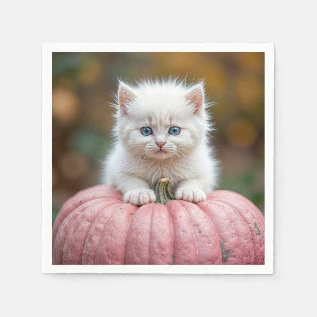 White Kitten On Pink Pumpkin Napkin (Front)