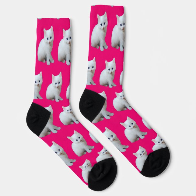 White Kitten Pink Background Socks (Right)