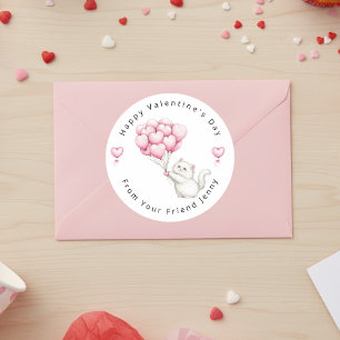 White Kitten Pink Hearts Balloons Valentine's Day  Classic Round Sticker