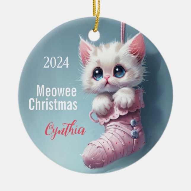 White Kitten Pink Stocking Personalised Ornament  (Front)