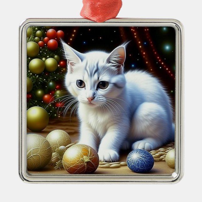 White Kitten Playing with Gold Christmas Ornaments (Front)