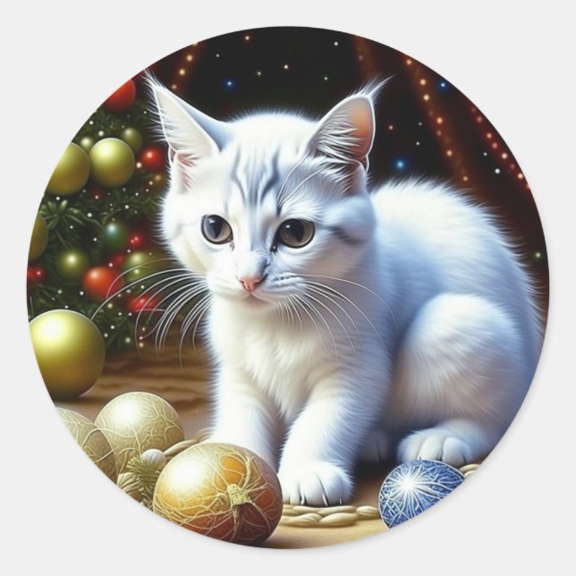 White Kitten Playing with Gold Christmas Ornaments Classic Round Sticker (Front)