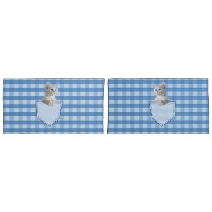 White Kitten pocket blue check funny illusion 3D Pillowcase