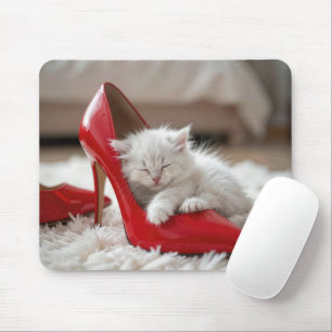 White Kitten Sleeping in a Red Shoe Mouse Pad