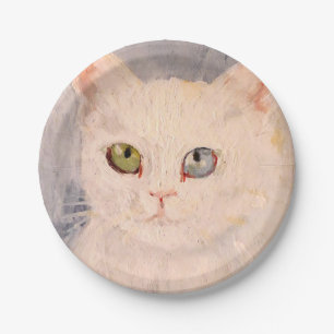 White Kitten with Blue Eye and Green Eye Paper Pla Plate