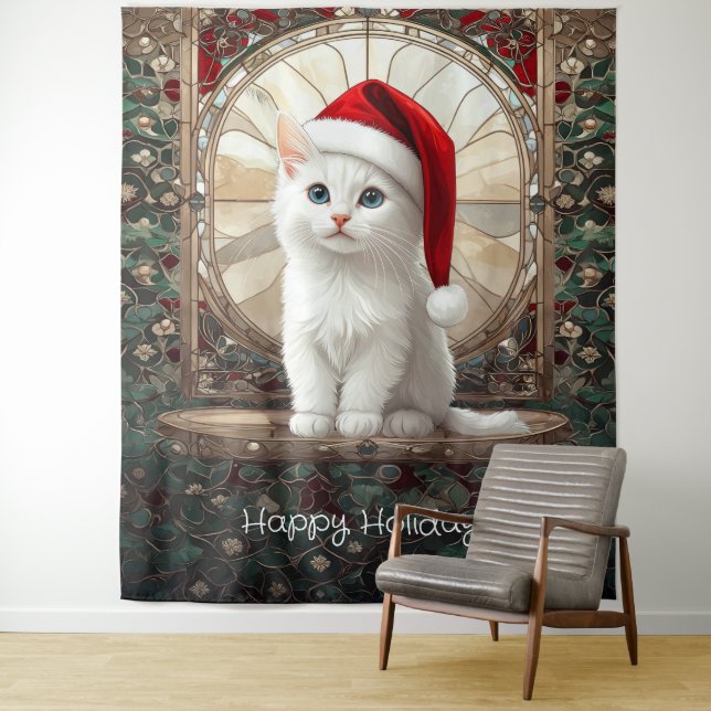 White Kitten with Santa Hat Backdrop Tapestry (In Situ)