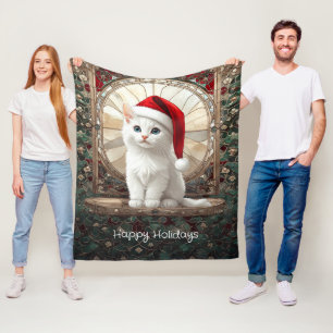 White Kitten with Santa Hat Fleece Blanket