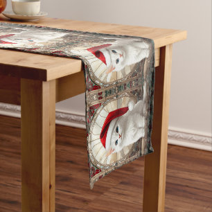 White Kitten with Santa Hat Table Runner