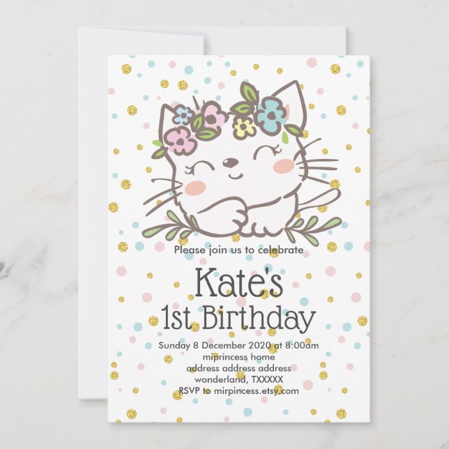 white kitty cat, kitten, animals invitation (Front)