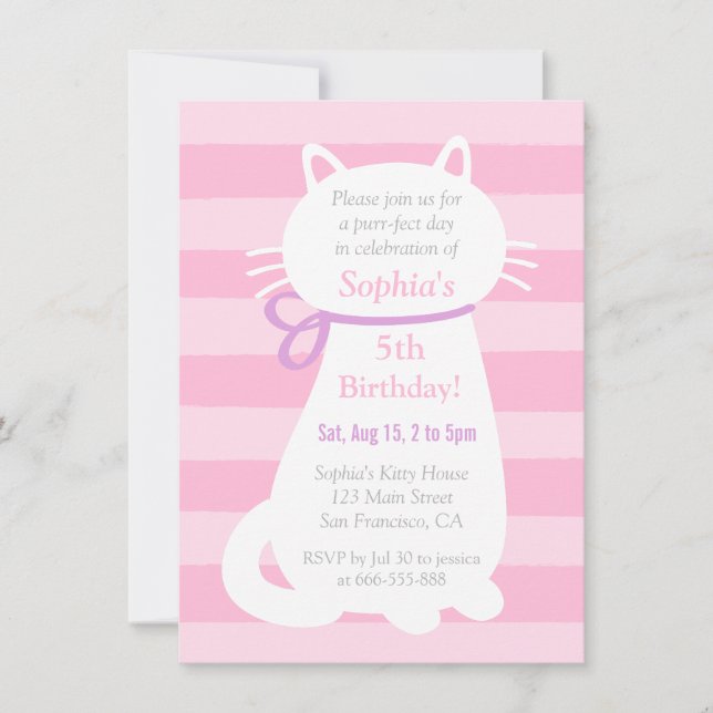 White Kitty Cat Pink Stripes Girls Birthday Party Invitation (Front)