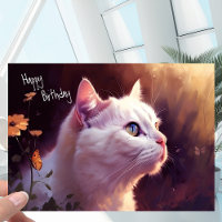 White Kitty Cat with Flowers + Butterfly Birthday