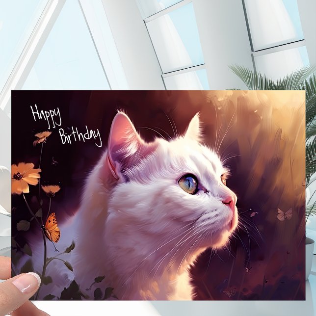 White Kitty Cat with Flowers + Butterfly Birthday Card (Creator Uploaded)