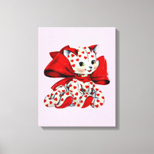 White kitty Cat With hearts Vintage Valentines Art Canvas Print