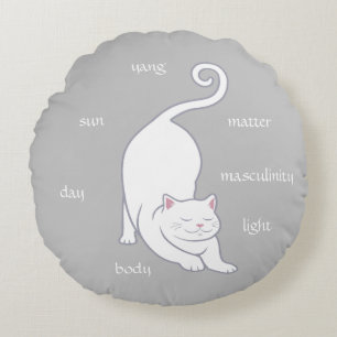 White Kitty Cat Yoga & Text on Silver Grey Round Cushion