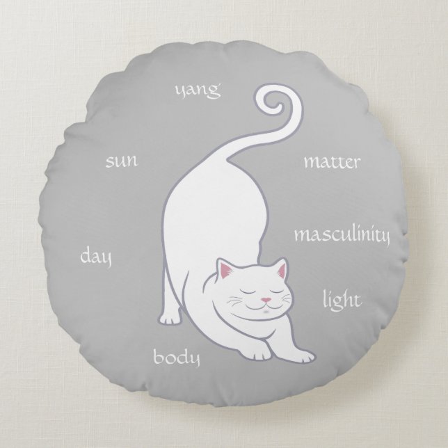 White Kitty Cat Yoga & Text on Silver Grey Round Cushion (Front)
