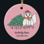 White Kitty Christmas Cat Snowy Winter Holiday Ceramic Tree Decoration<br><div class="desc">Cute cartoon animal ornament for kids and children. Perfect for first Christmas celebration with family. You can customise the text for any occasion.</div>