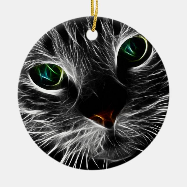 White Kitty Face Abstract | Fractal Kitty Ceramic Tree Decoration (Front)