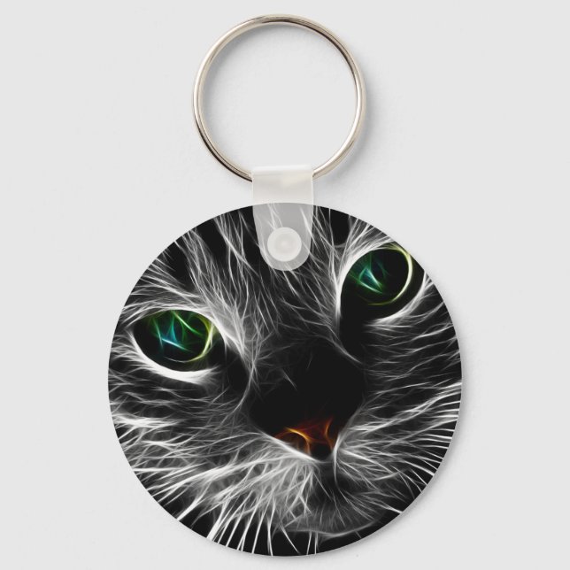 White Kitty Face Abstract | Fractal Kitty Key Ring (Front)