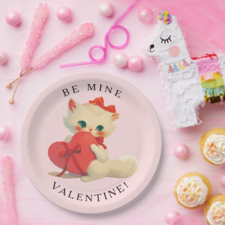 White Kitty Vintage Be Mine Valentine Paper Plate