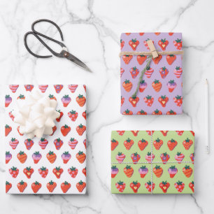 White-Kiwi-Plum Illustrated Strawberry Wrapping Paper Sheet