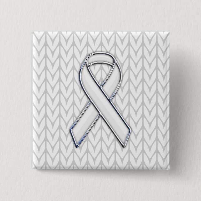 White Knit Style Ribbon Awareness Print 15 Cm Square Badge (Front)