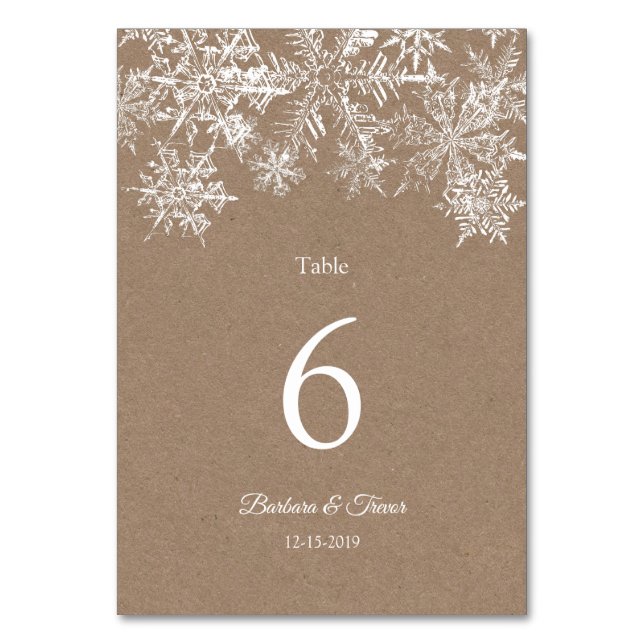White & Kraft Snowflakes Christmas Winter Wedding Table Number (Front)